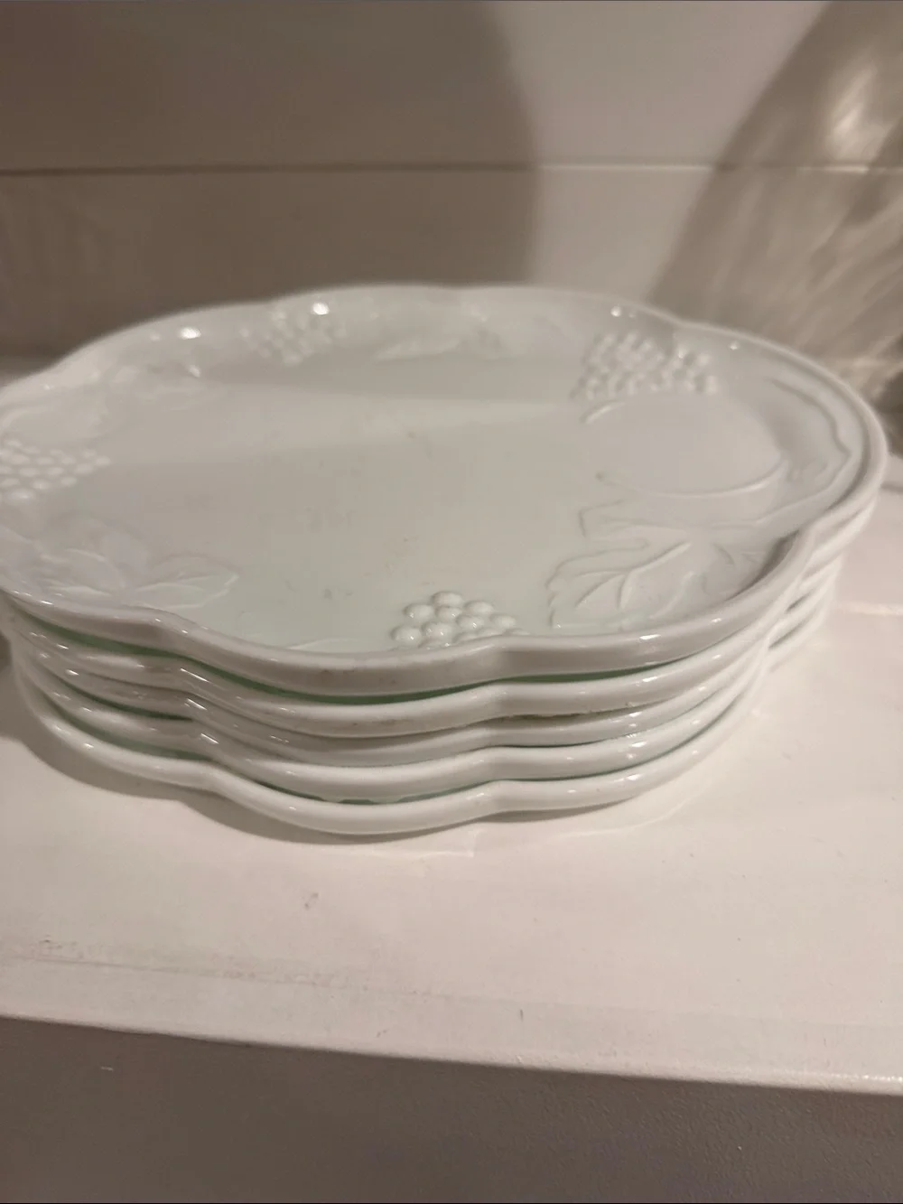 White Glass Embossed Fruit Motif Ceramic Side Plates - Set of 5